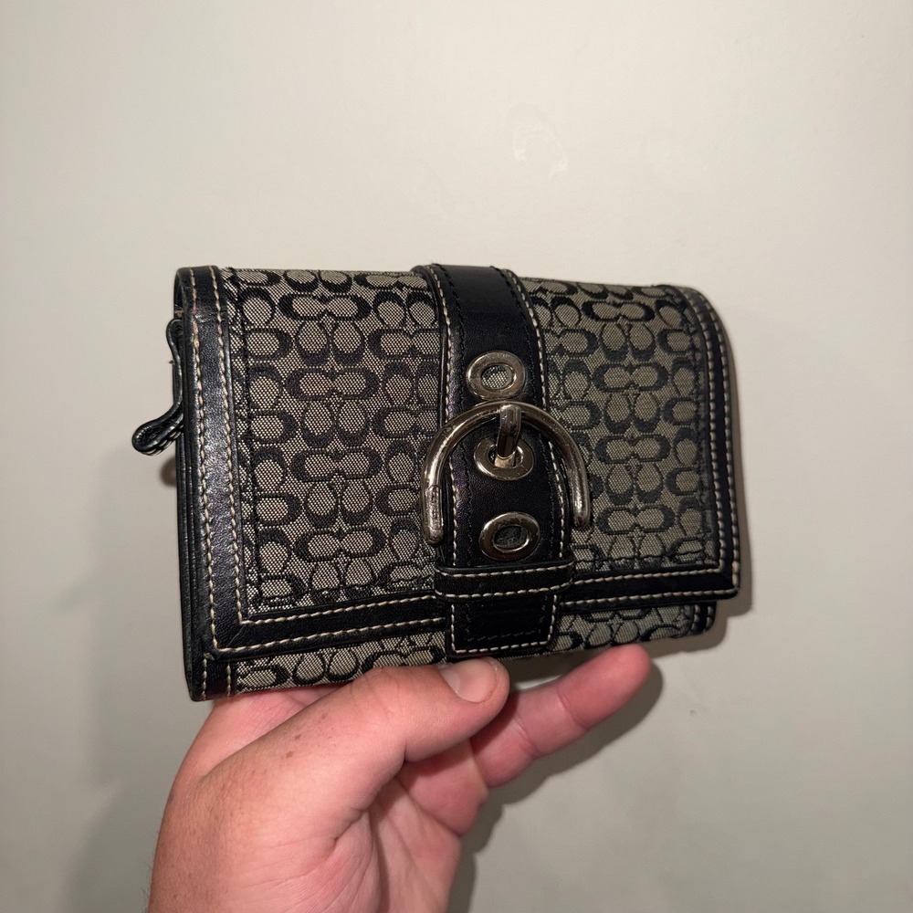 Coach Soho Buckle Wallet Signature Jacquard Black Grey Leather Bifold